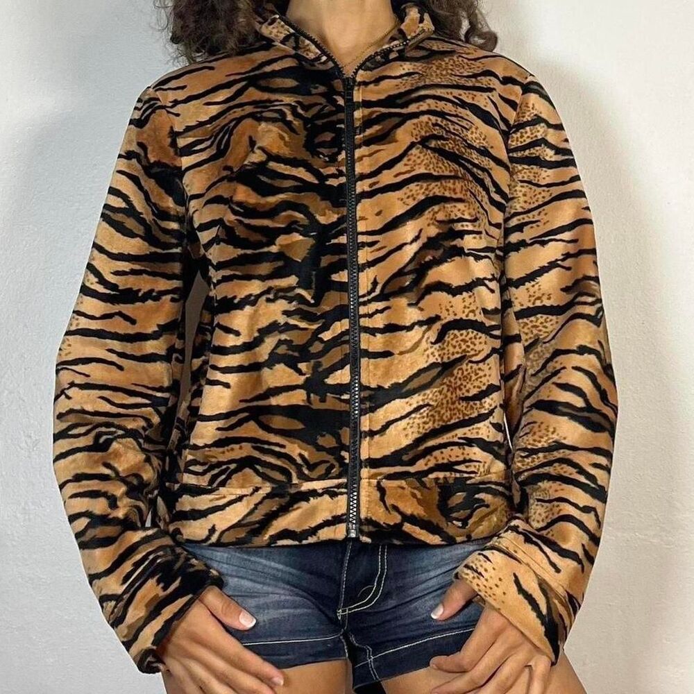 Fuzzy tiger print zip up collared sweater by Hennes